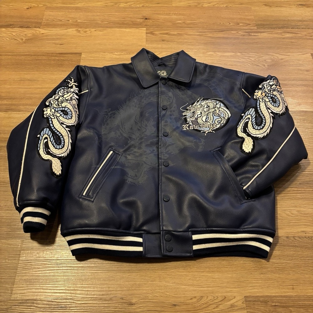 Vintage Raw Blue Dragon Varsity Jacket Men's Large Faux Leather Grunge Y2K *Read